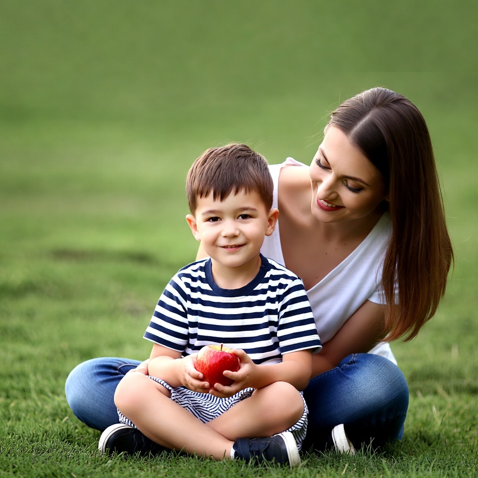 Boy holding apple with mom in grass Boy holding apple with mom in grass