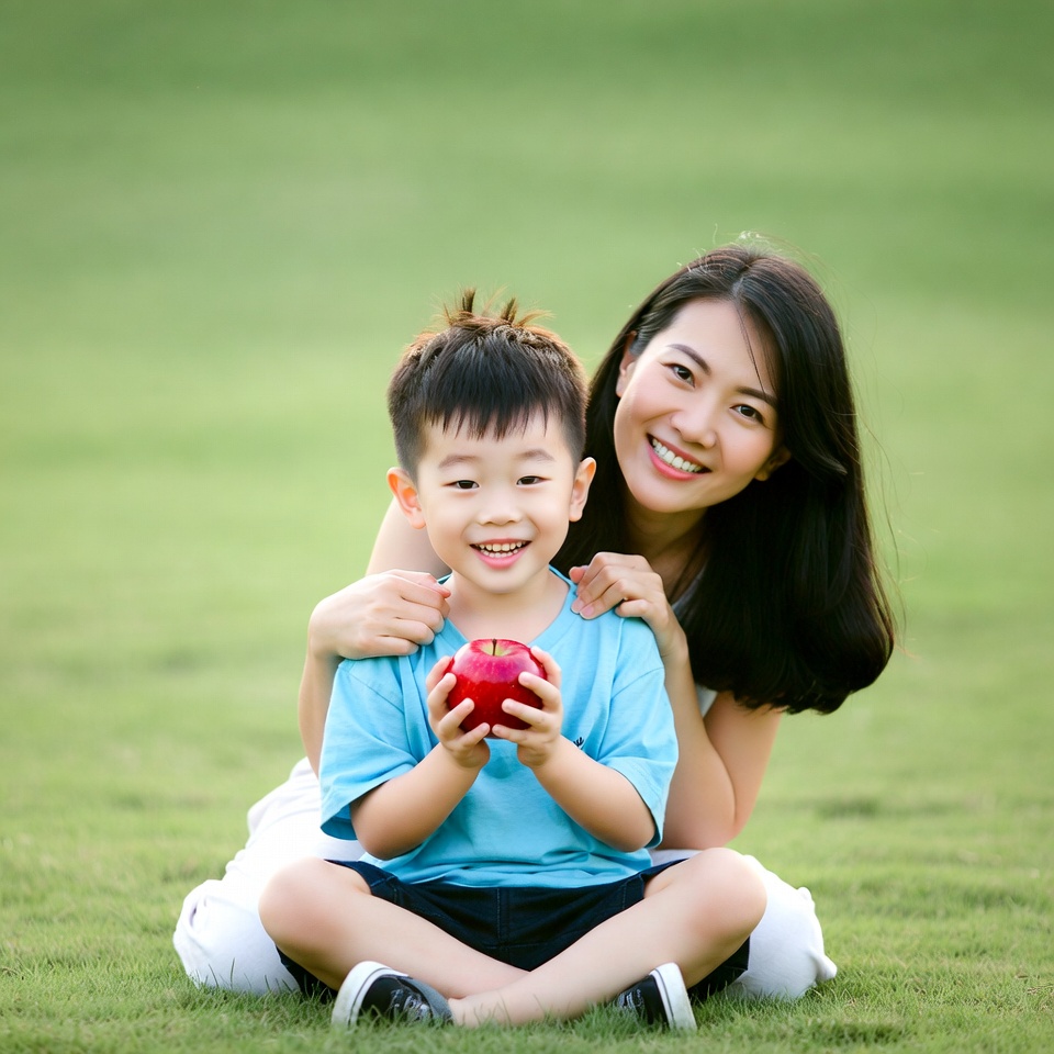 Asian boy holding red apple with mother Asian boy holding red apple with mother