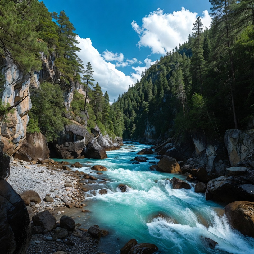 Mountain River Flowing Through Forest Valley Mountain River Flowing Through Forest Valley
