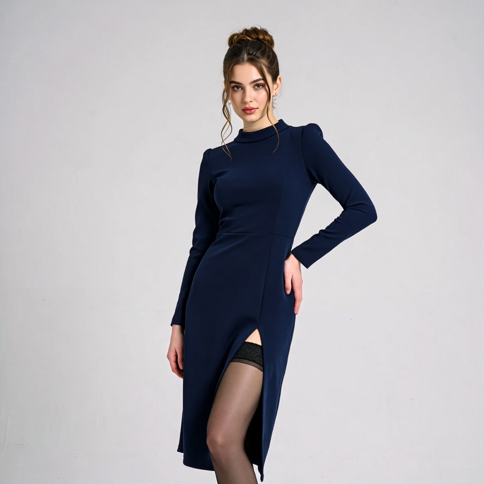 Woman in navy blue dress with slit Woman in navy blue dress with slit
