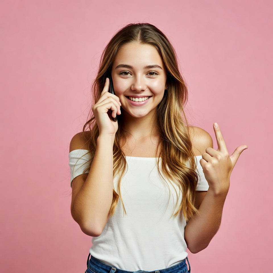 Teen girl smiling on phone with rock hand sign Teen girl smiling on phone with rock hand sign