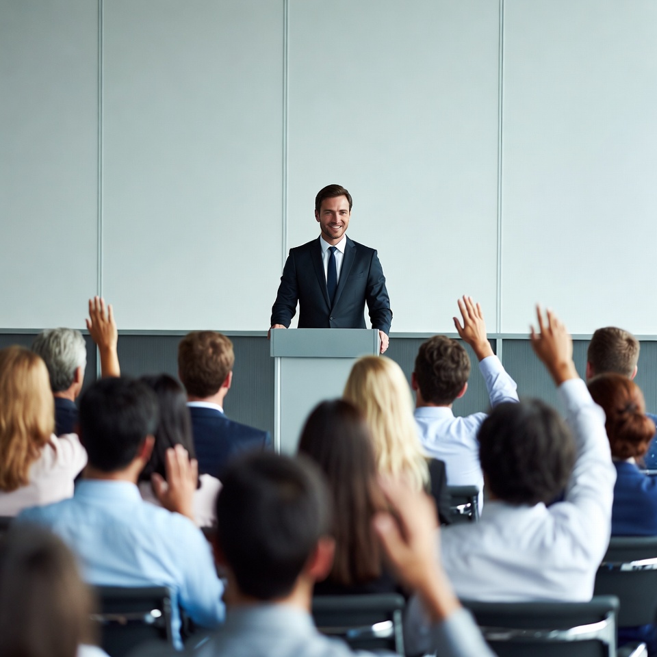 Man speaking at conference podium Man speaking at conference podium