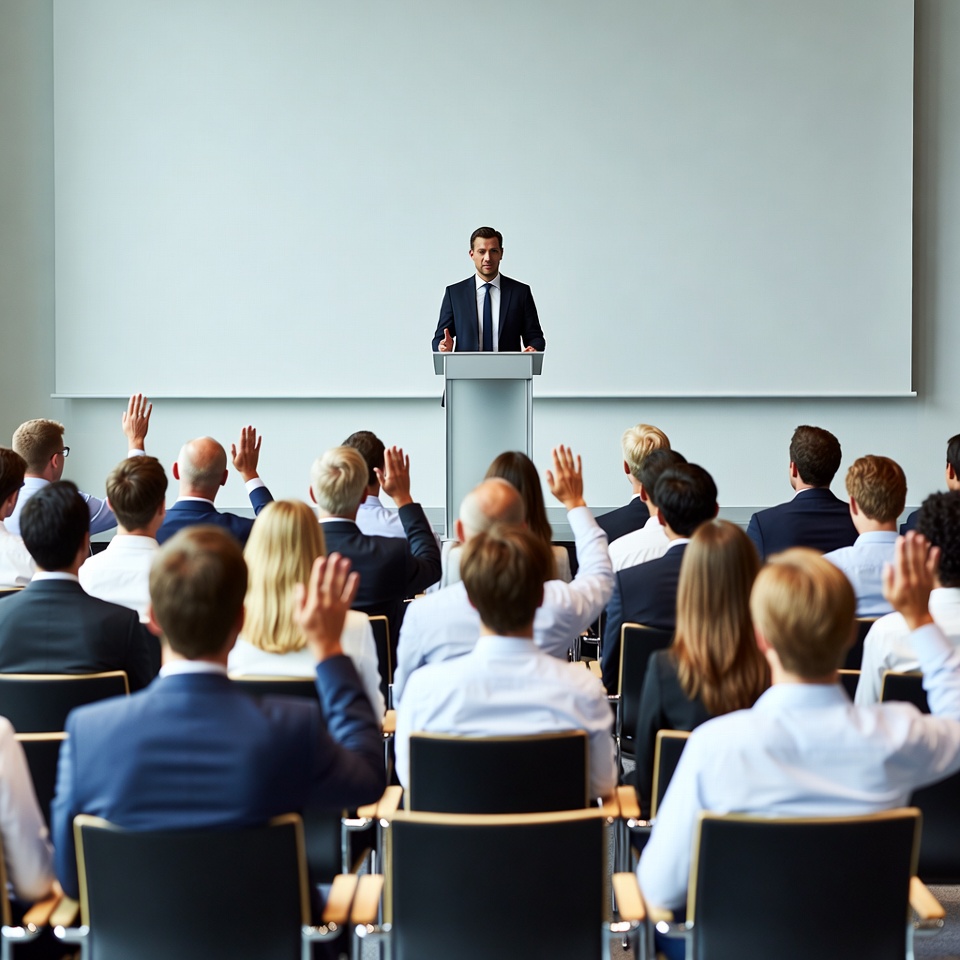 Man speaking at podium with audience raising hands Man speaking at podium with audience raising hands