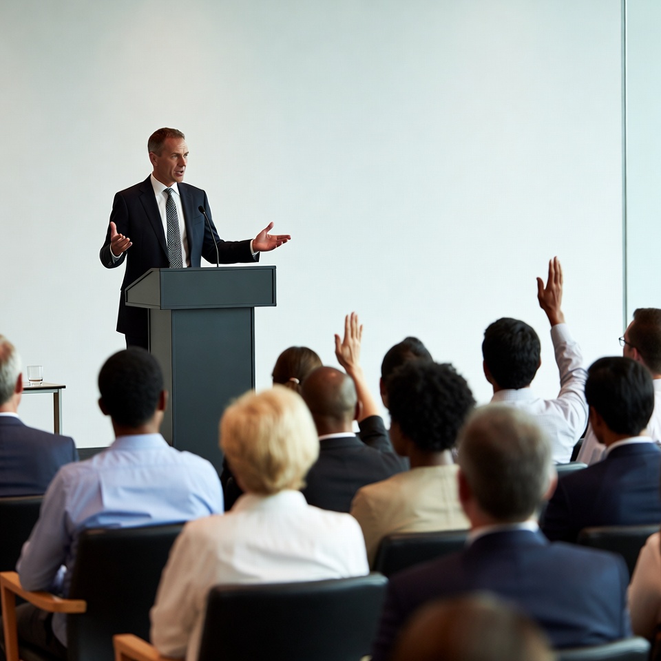 Man speaking at business conference Man speaking at business conference