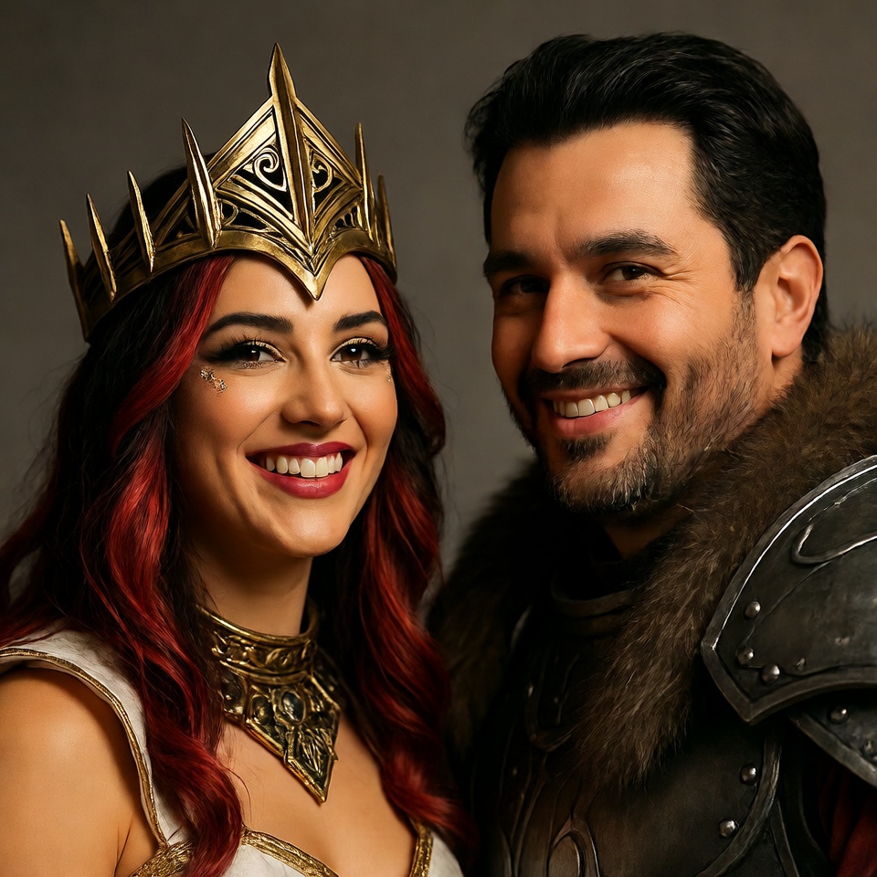 Woman in Crown and Man in Armor Smiling Woman in Crown and Man in Armor Smiling