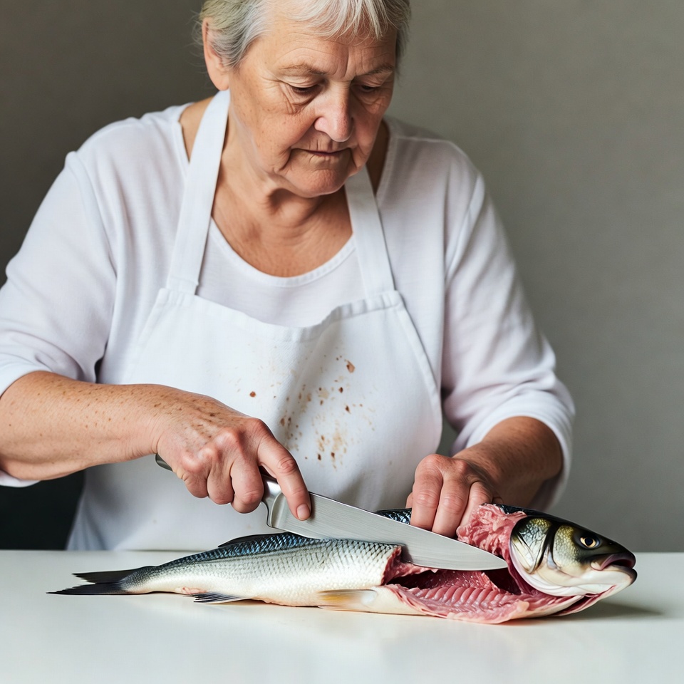 Elderly woman filleting fish Elderly woman filleting fish