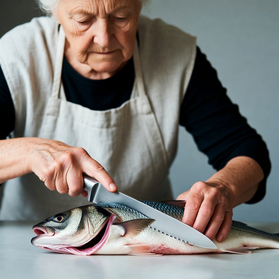 Elderly woman filleting fish Elderly woman filleting fish