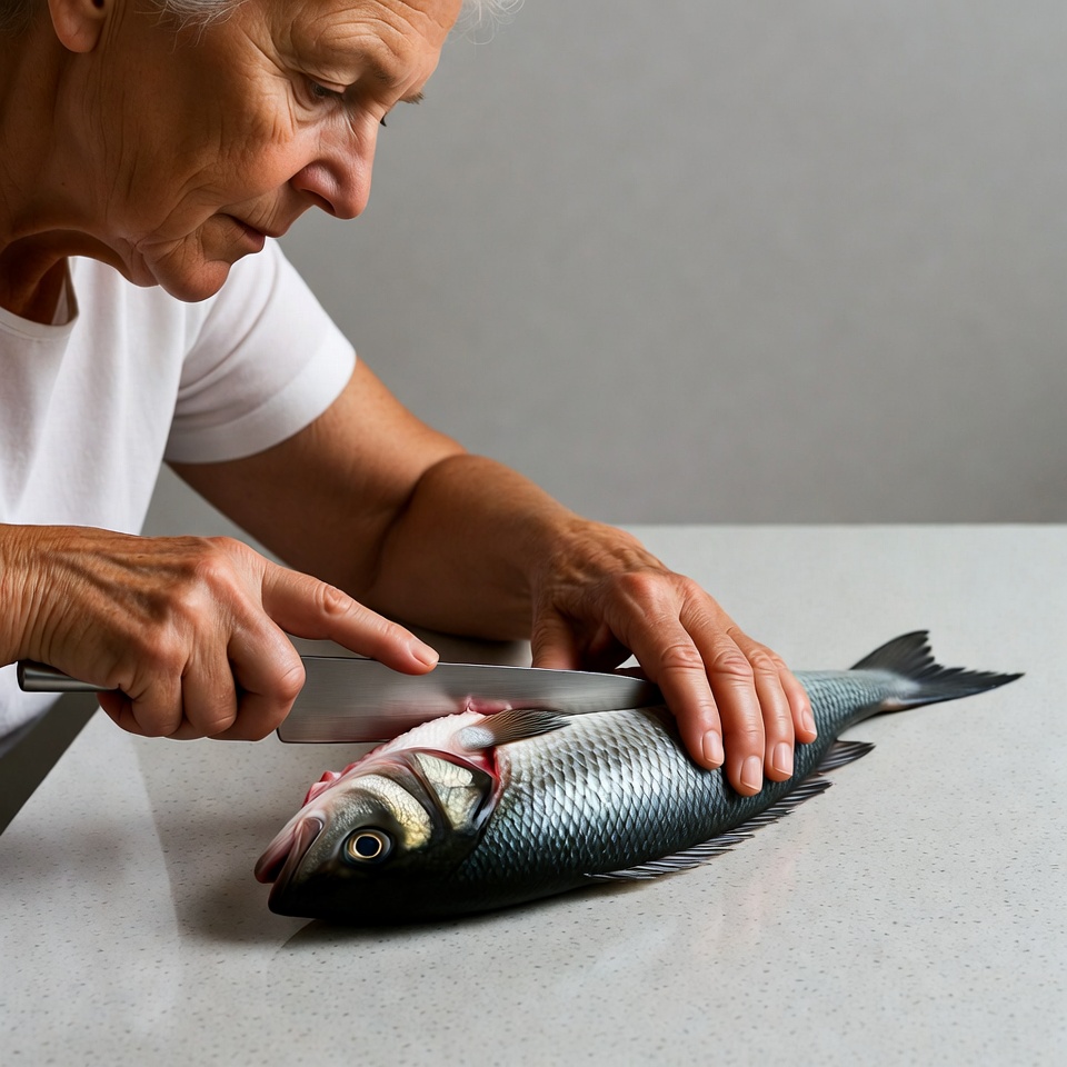Elderly woman filleting fish Elderly woman filleting fish
