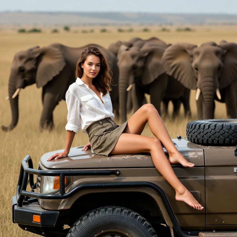 Woman on Jeep with Elephants Woman on Jeep with Elephants