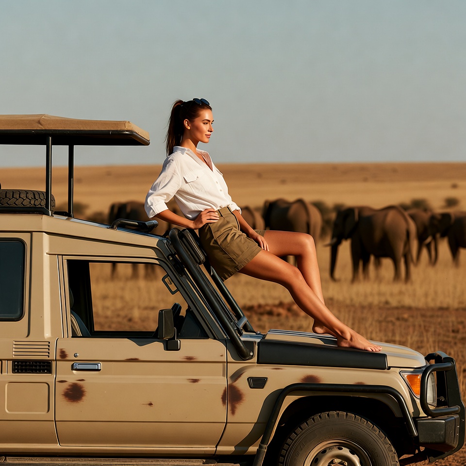 Woman on safari jeep with elephants Woman on safari jeep with elephants
