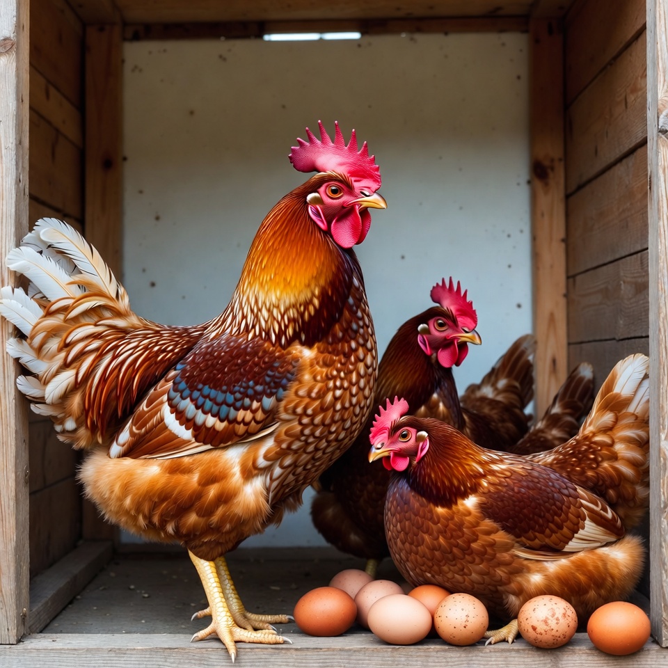 Chickens and Eggs in Wooden Coop Chickens and Eggs in Wooden Coop
