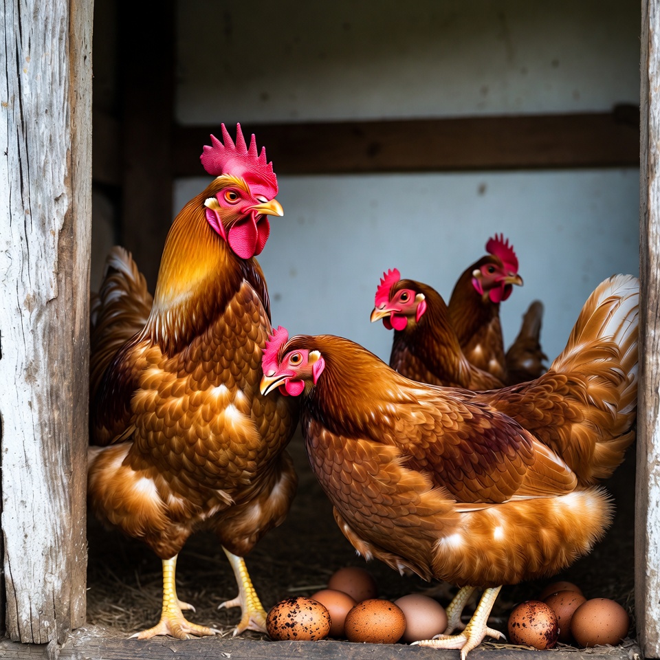 Chickens and eggs in coop Chickens and eggs in coop
