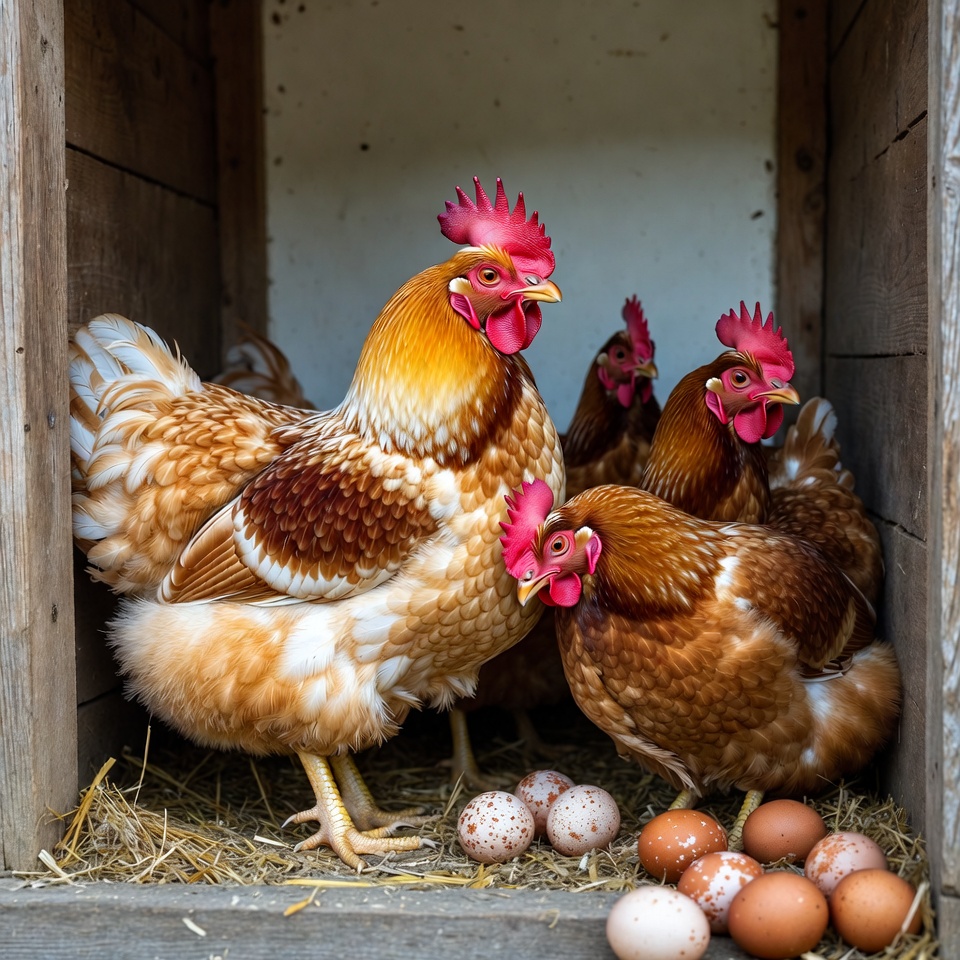 Chickens with Eggs in Wooden Coop Chickens with Eggs in Wooden Coop