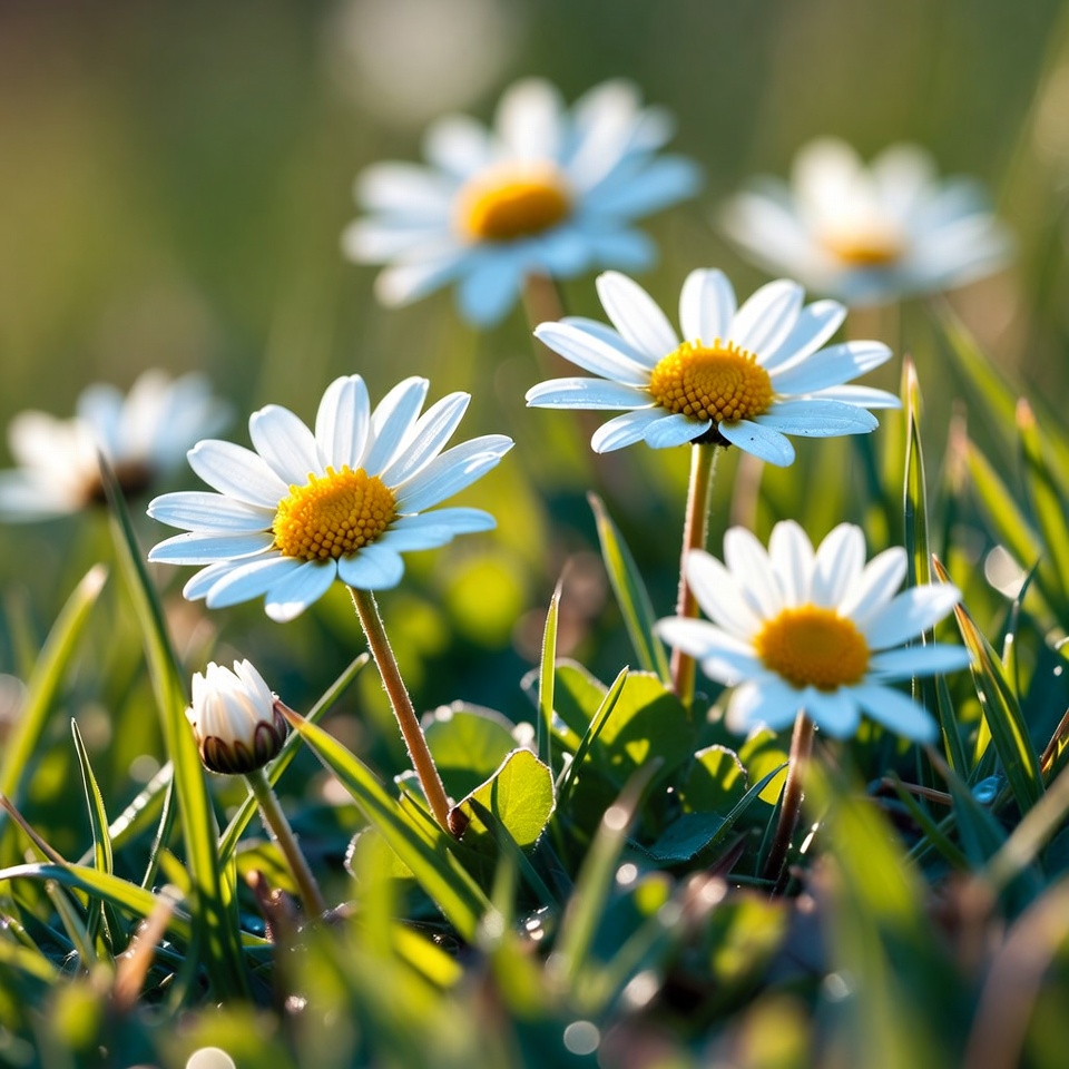 Cluster of white daisies in grass Cluster of white daisies in grass