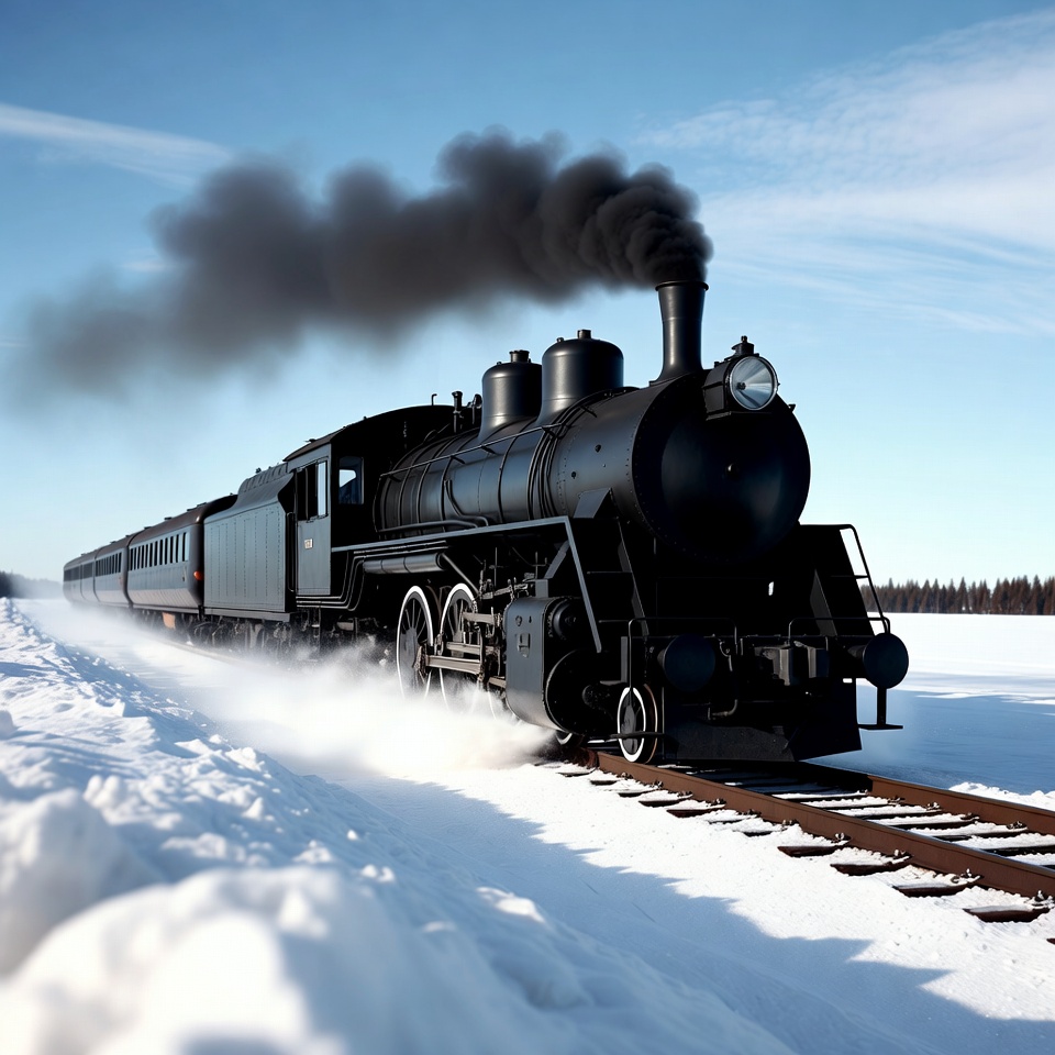 Black steam train snowy tracks Black steam train snowy tracks