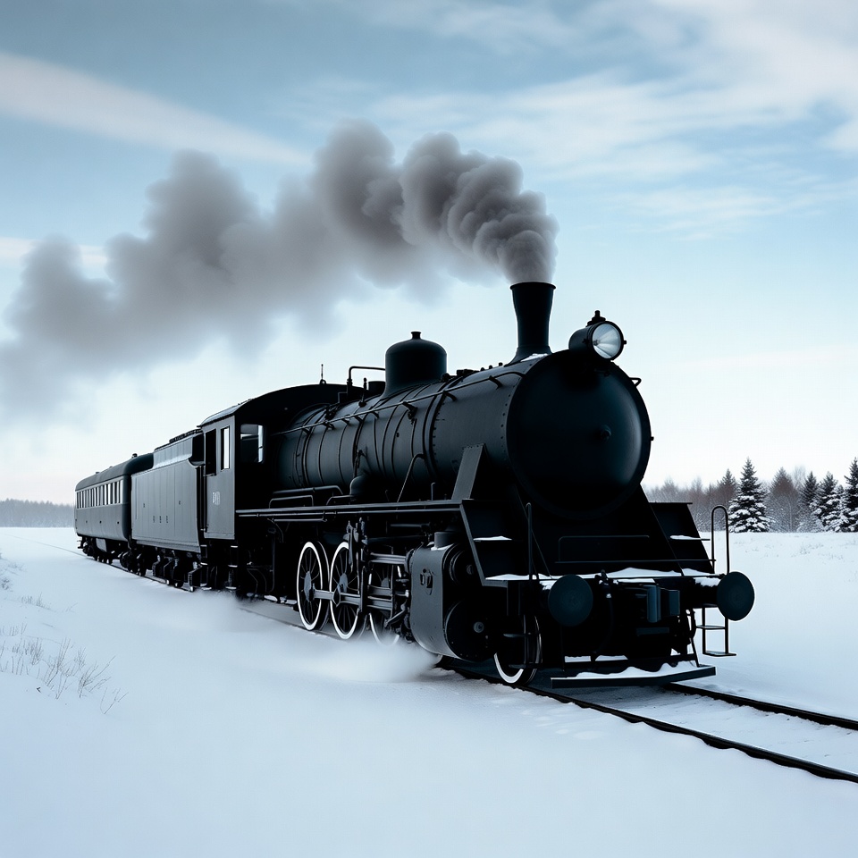 Steam locomotive train in snowy landscape Steam locomotive train in snowy landscape