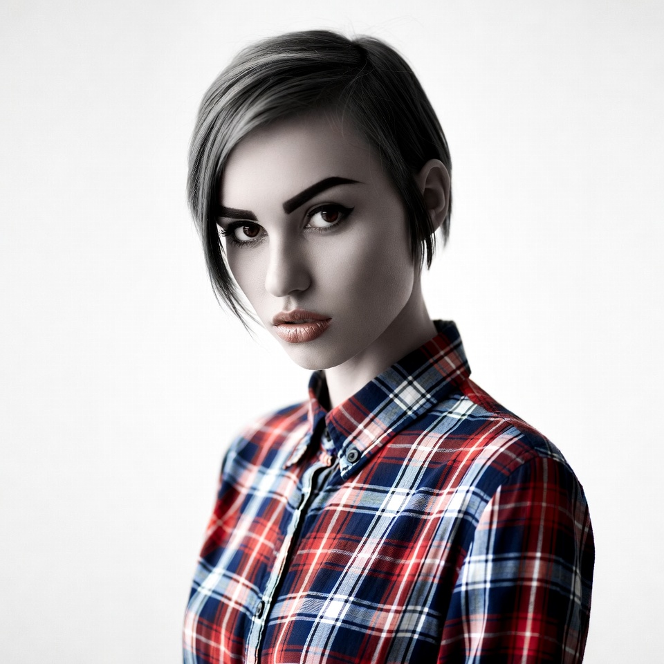 Woman with short hair in plaid shirt Woman with short hair in plaid shirt