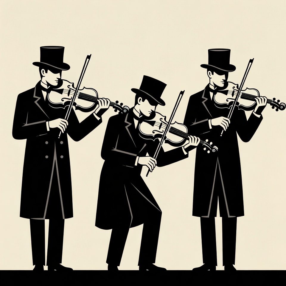 Three Men Playing Violins in Tuxedos Three Men Playing Violins in Tuxedos