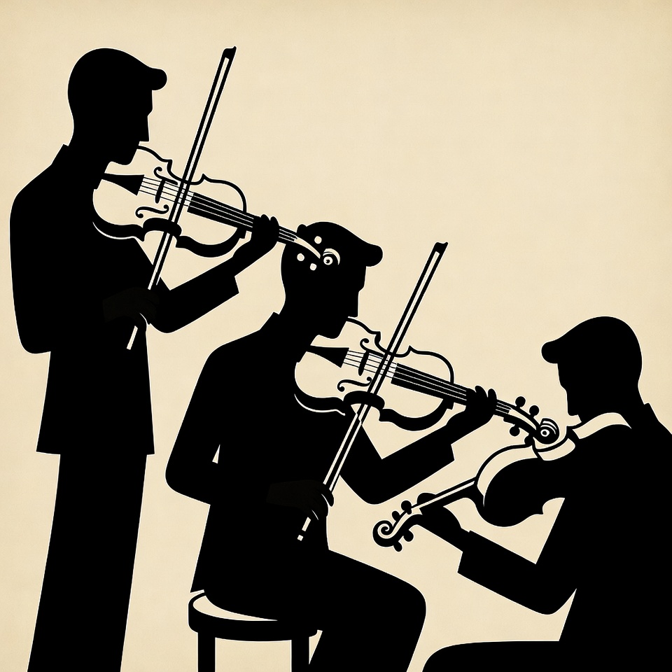 Three men playing violins silhouette Three men playing violins silhouette