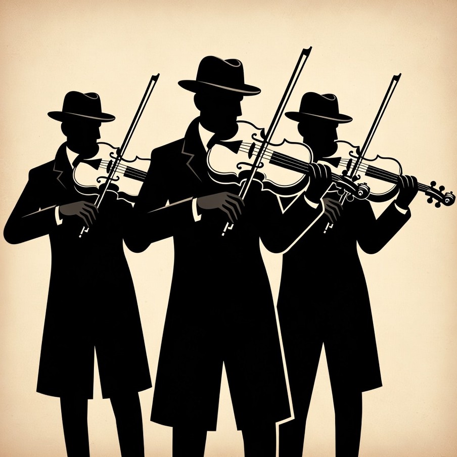 Three silhouetted men playing violins Three silhouetted men playing violins
