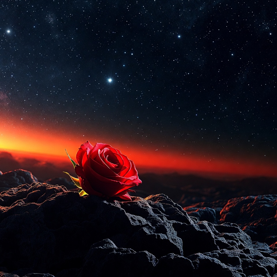 Red Rose on Rocks Under Starry Sky Red Rose on Rocks Under Starry Sky