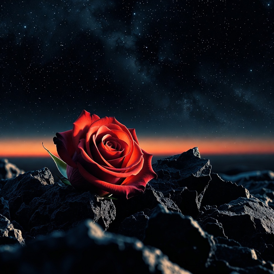 Red Rose on Rocks Under Starry Sky Red Rose on Rocks Under Starry Sky