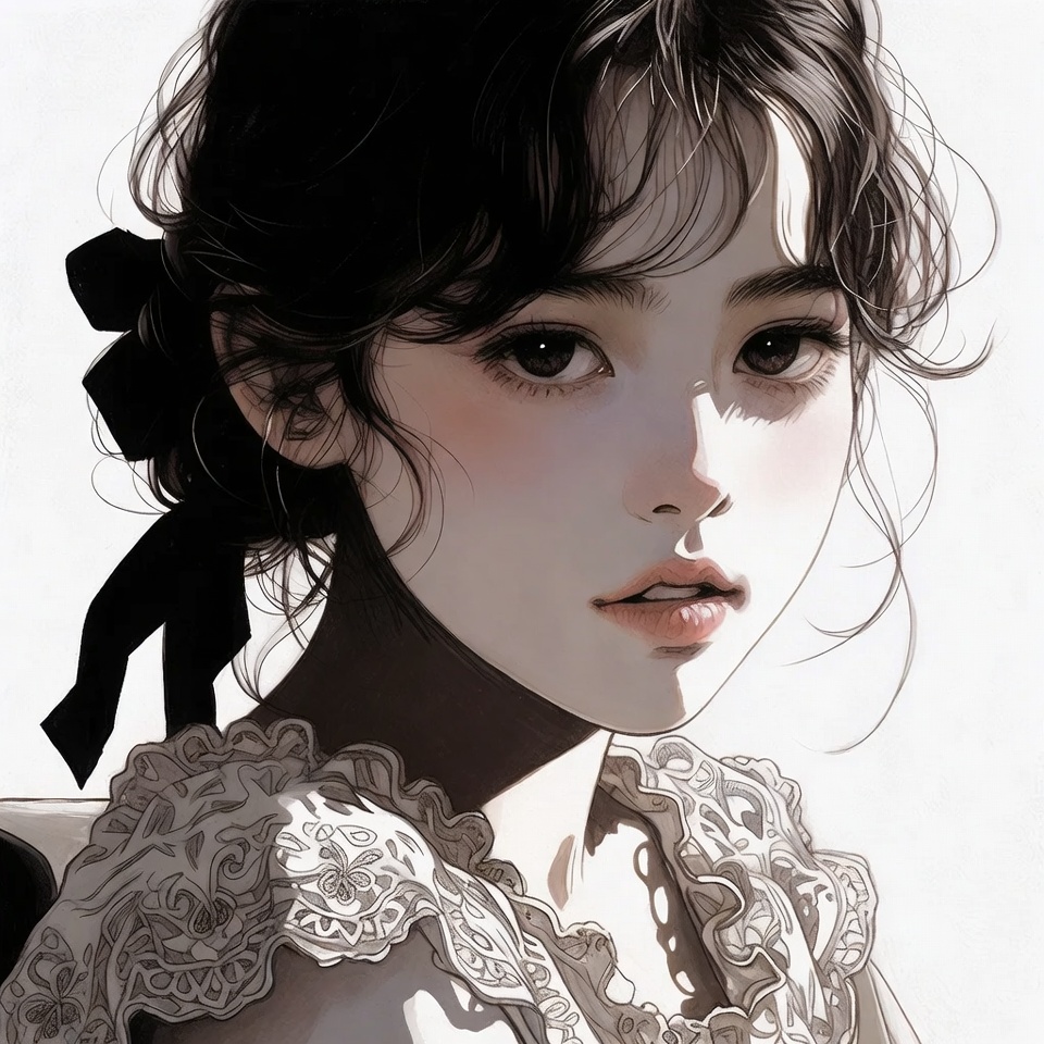 Anime girl with black ribbon bow Anime girl with black ribbon bow