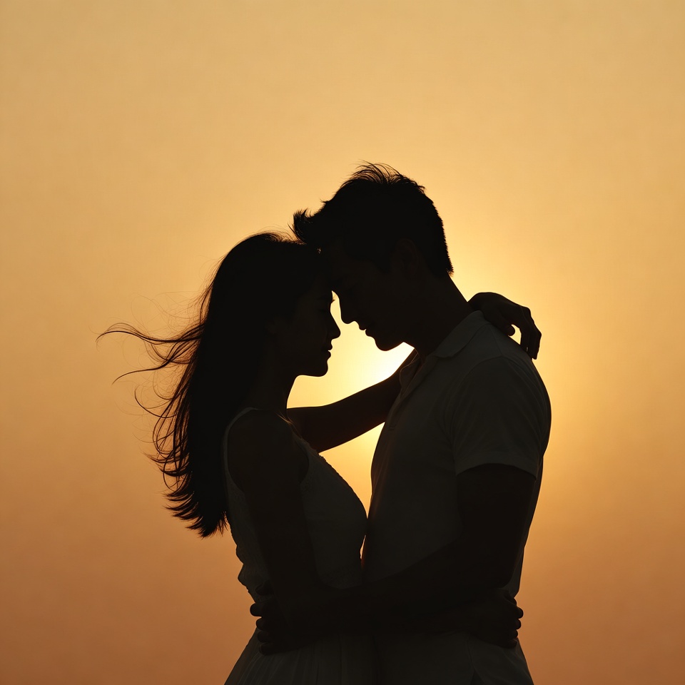 Silhouette couple embracing at sunset Silhouette couple embracing at sunset