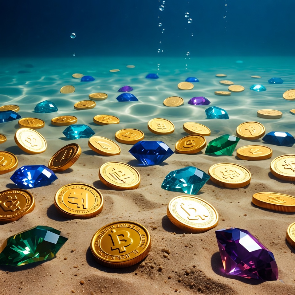 Bitcoin coins and gems on ocean floor Bitcoin coins and gems on ocean floor