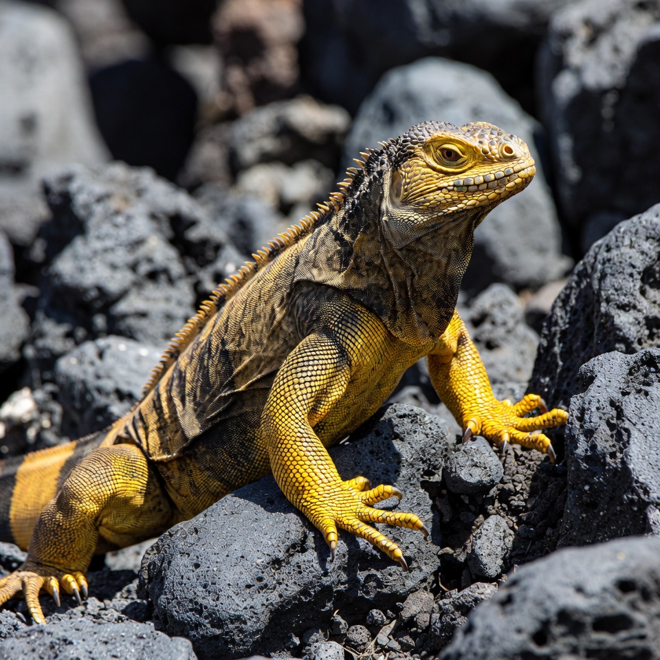 Yellow iguana on black rocks Yellow iguana on black rocks