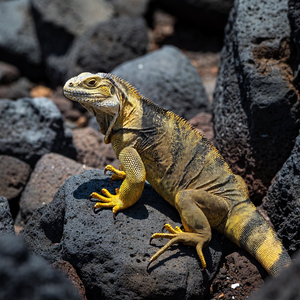 Yellow iguana on black rocks Yellow iguana on black rocks