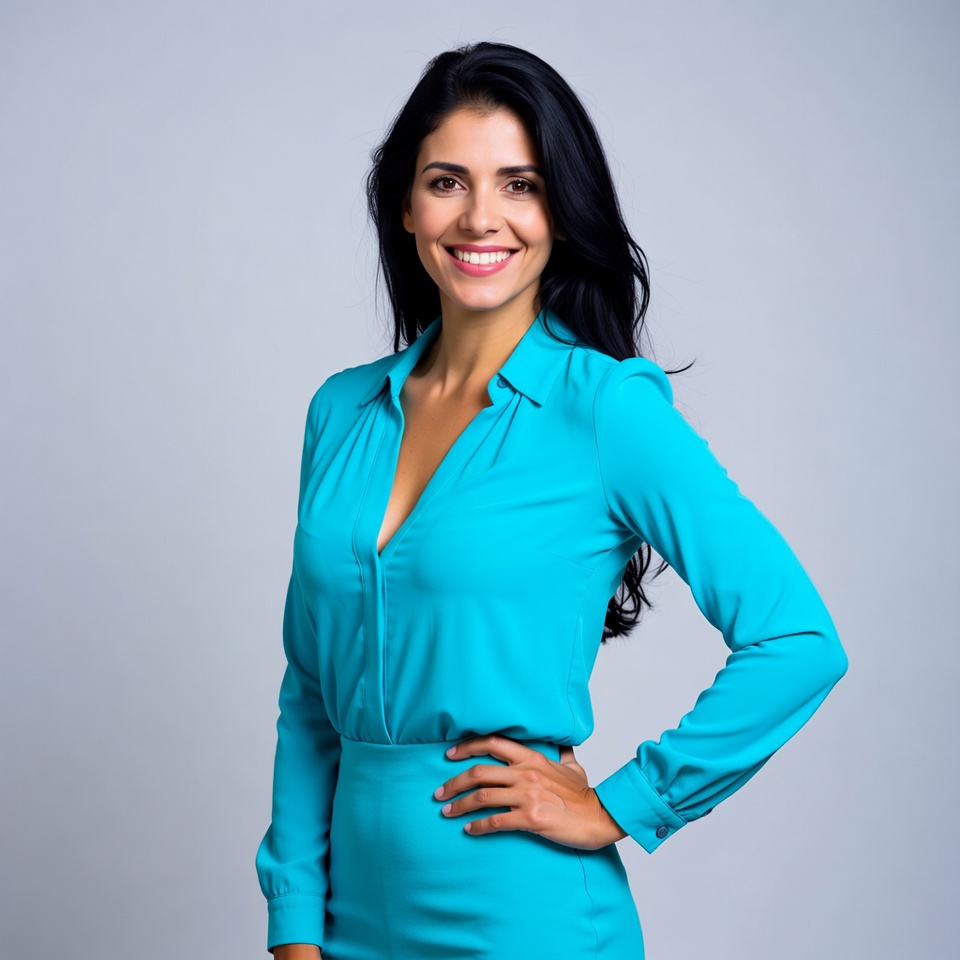 Smiling woman in turquoise blouse Smiling woman in turquoise blouse