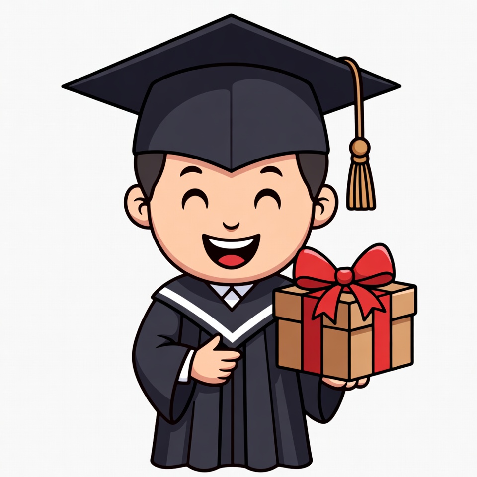 Cartoon boy graduate holding gift box Cartoon boy graduate holding gift box