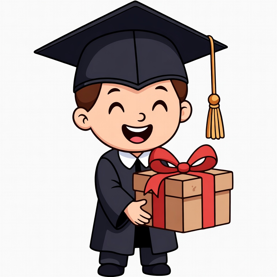 Boy in graduation gown holding gift box Boy in graduation gown holding gift box