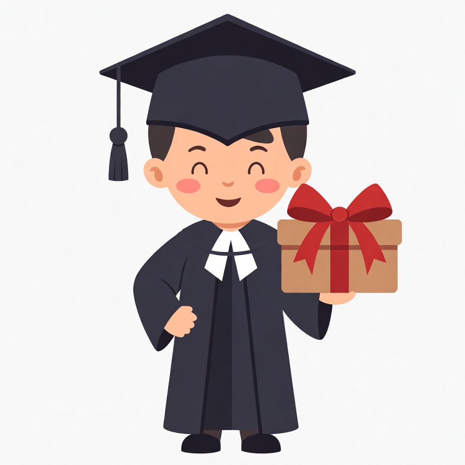 Boy in graduation gown holding gift box Boy in graduation gown holding gift box