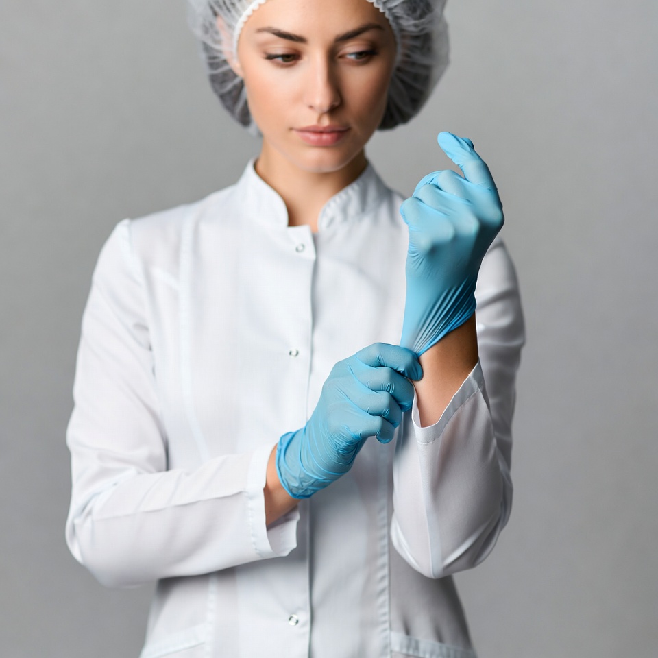 Woman putting on medical gloves Woman putting on medical gloves