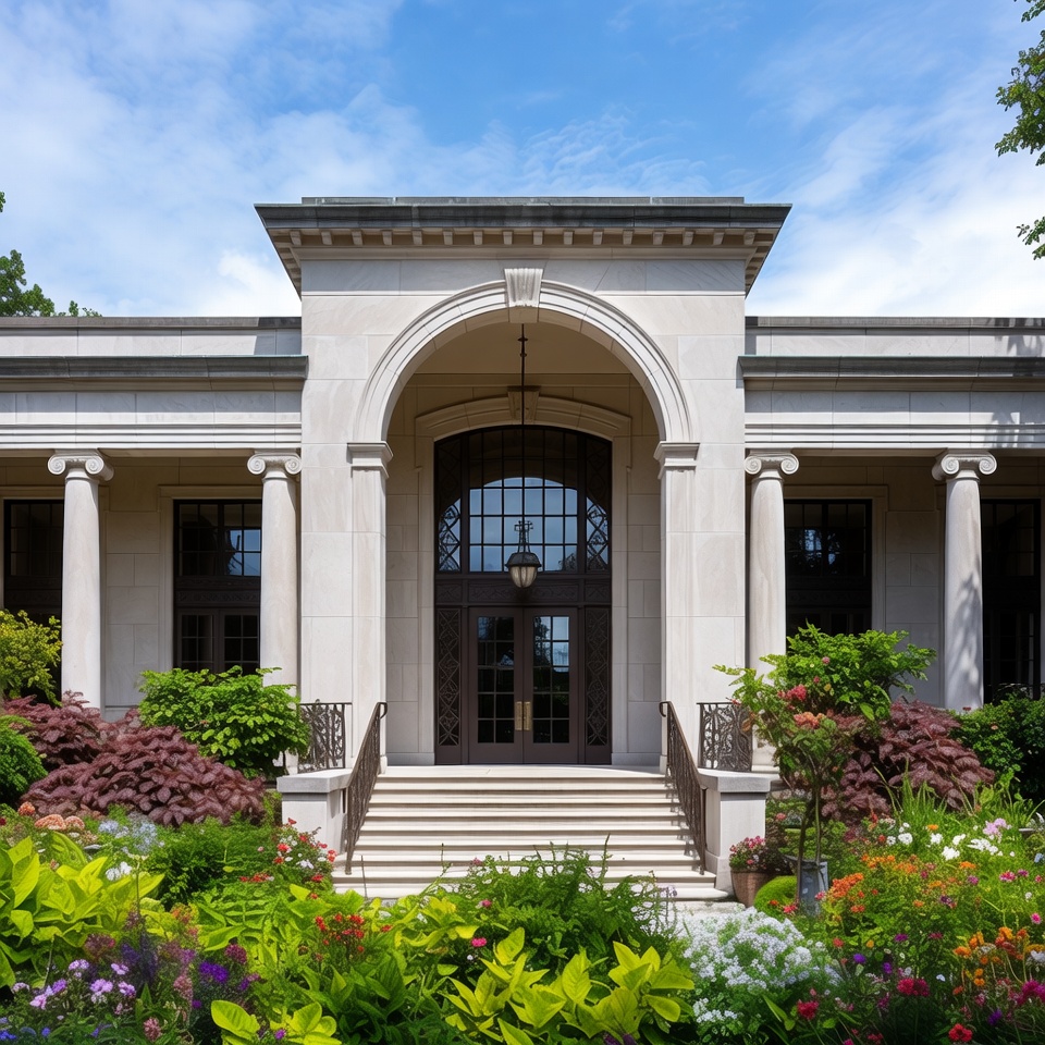 Grand Stone Mansion Entrance with Garden Grand Stone Mansion Entrance with Garden