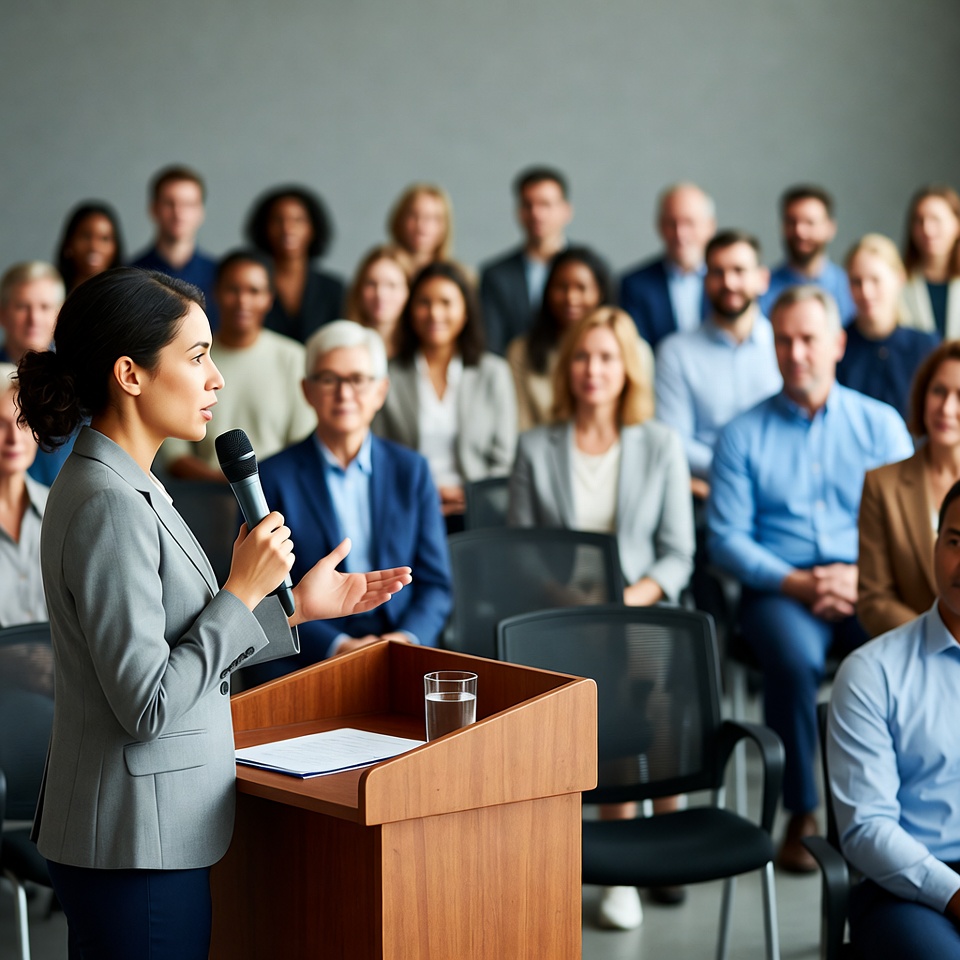 Woman speaking at podium to audience Woman speaking at podium to audience