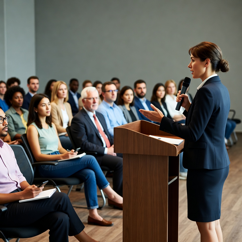 Woman speaking at podium conference Woman speaking at podium conference