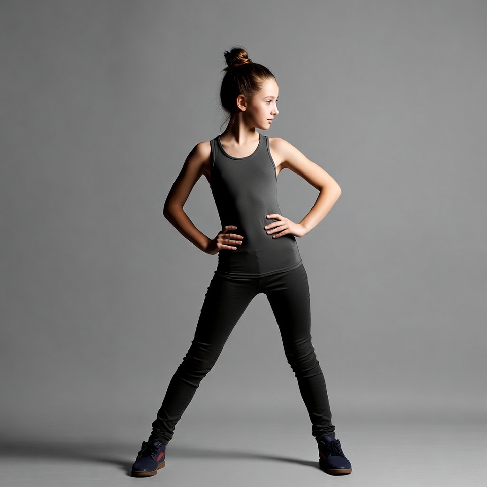 Girl posing confidently in gray outfit Girl posing confidently in gray outfit