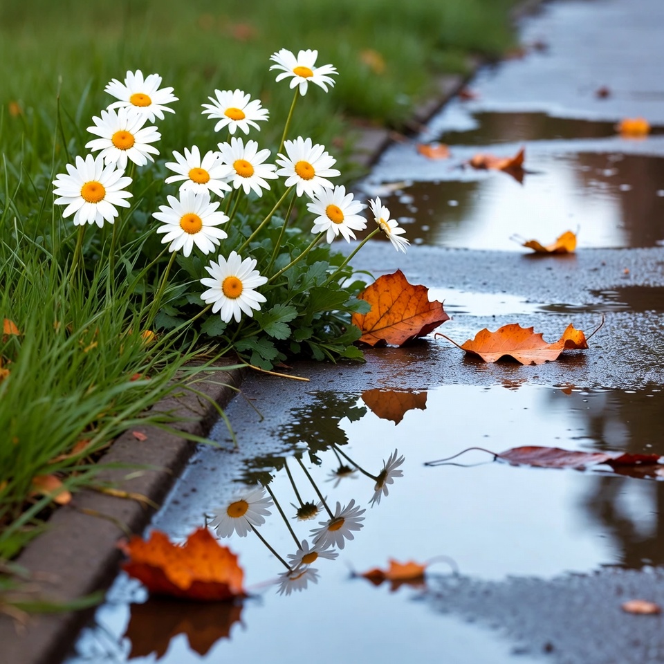 White Daisies and Autumn Leaves on Wet Pavement White Daisies and Autumn Leaves on Wet Pavement