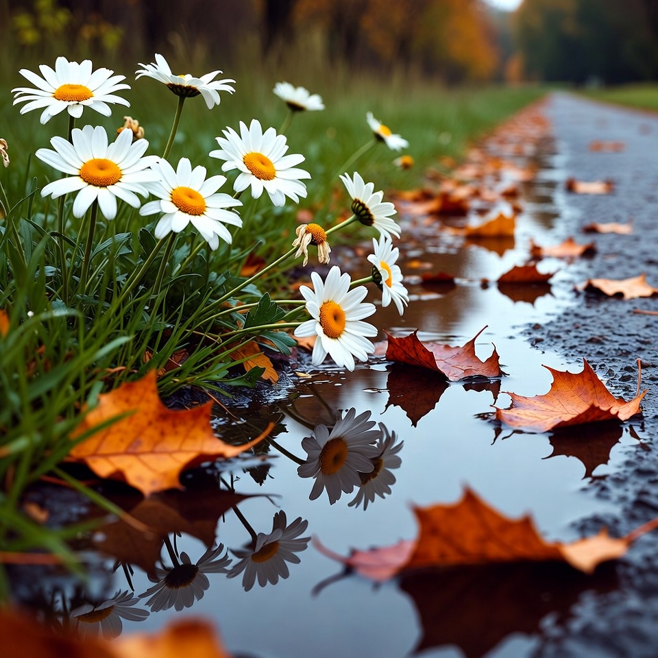 White Daisies by Autumn Road Puddle White Daisies by Autumn Road Puddle