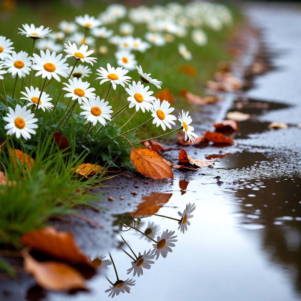 White Daisies and Autumn Leaves in Puddle Reflection White Daisies and Autumn Leaves in Puddle Reflection