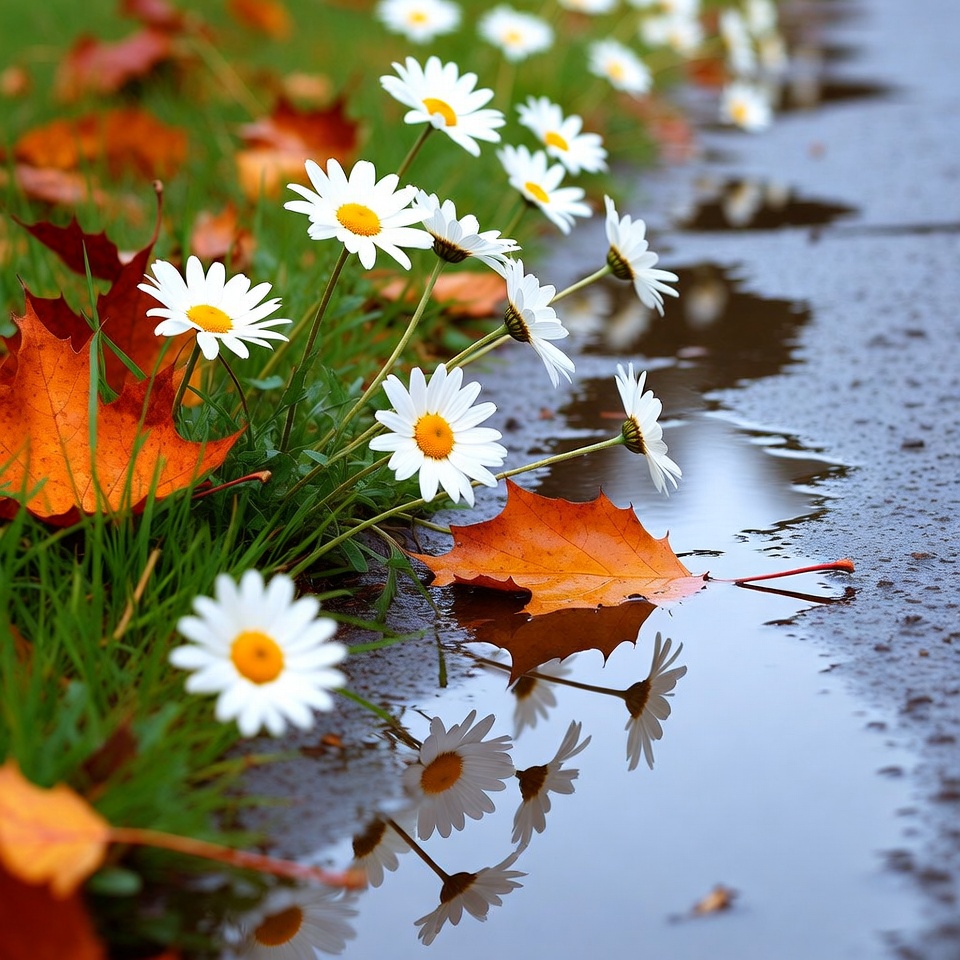 White Daisies and Autumn Leaves by Wet Road White Daisies and Autumn Leaves by Wet Road
