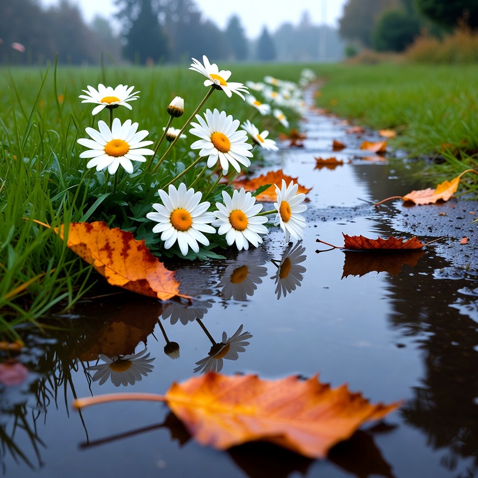 Daisies and Autumn Leaves in Puddle Daisies and Autumn Leaves in Puddle