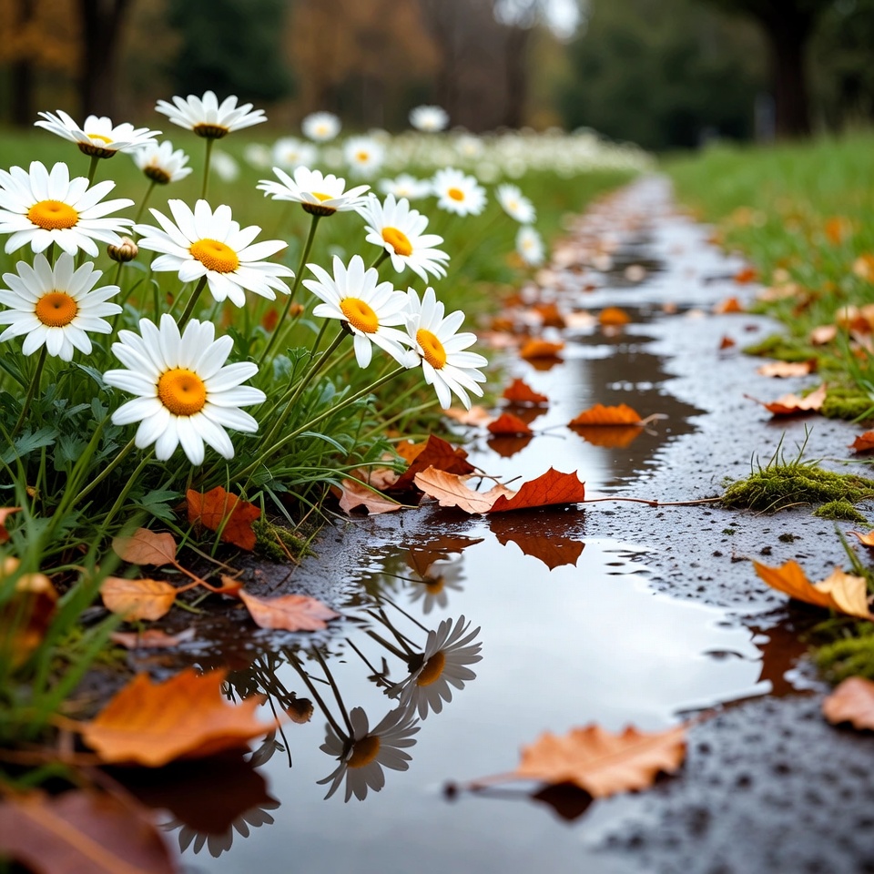 Daisies and Autumn Leaves in Puddle Daisies and Autumn Leaves in Puddle