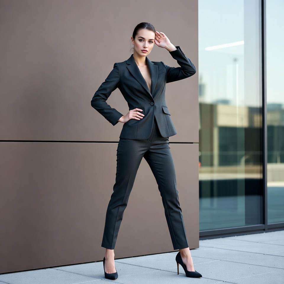 Woman in black suit posing urban Woman in black suit posing urban