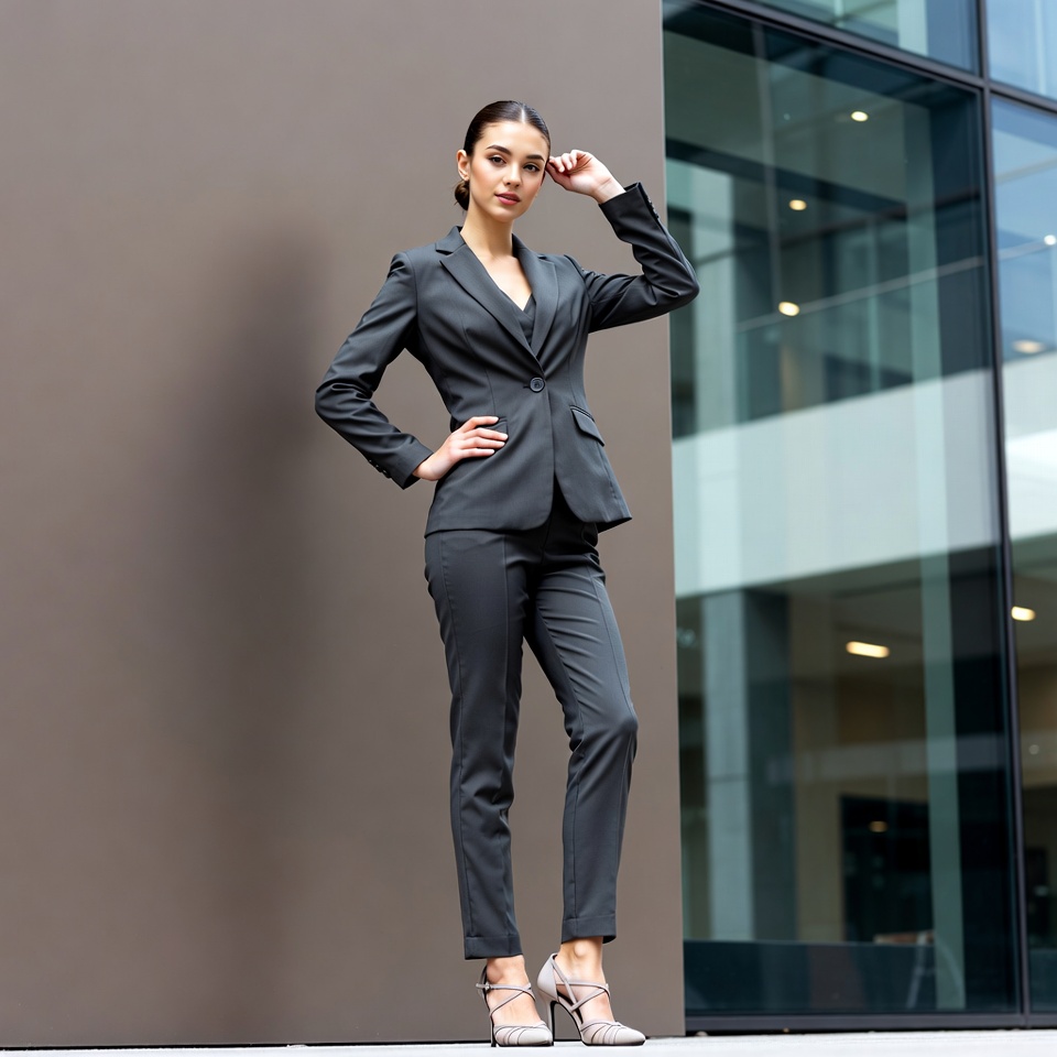 Woman in gray suit posing thoughtfully Woman in gray suit posing thoughtfully
