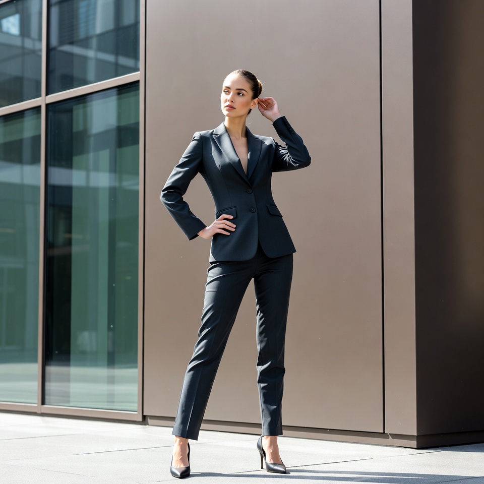 Woman in black suit against glass building Woman in black suit against glass building