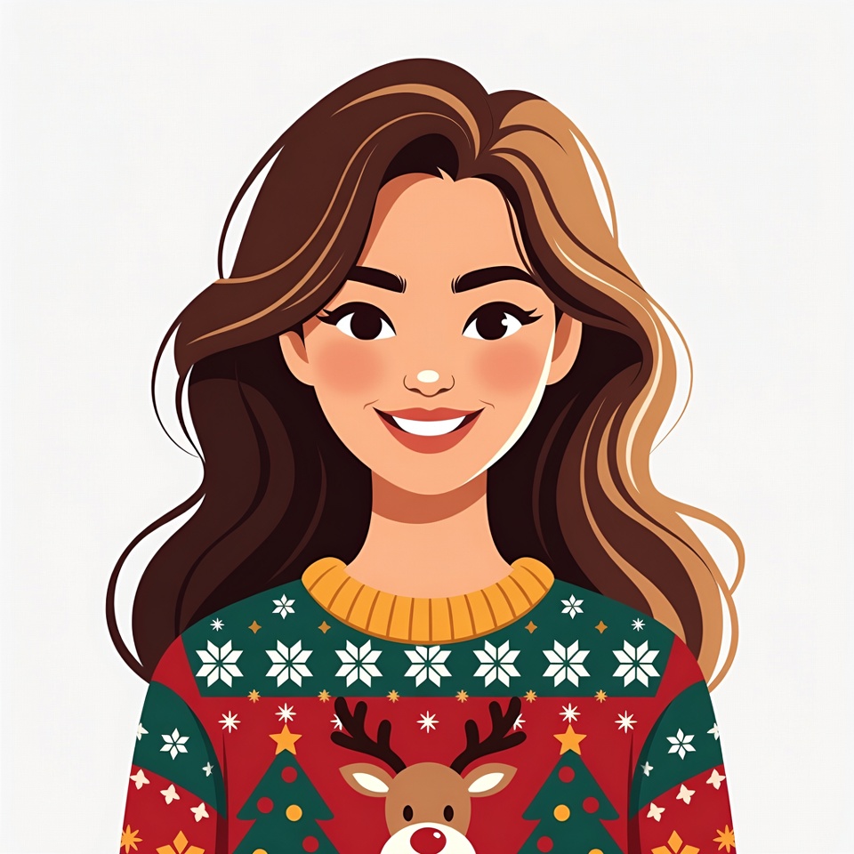 Smiling woman in reindeer Christmas sweater Smiling woman in reindeer Christmas sweater